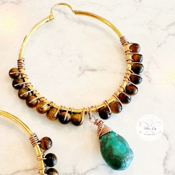 NEW Hoop Earrings With Tiger Eye Quartz and Turquoise Quartz - Picture 4 of 6